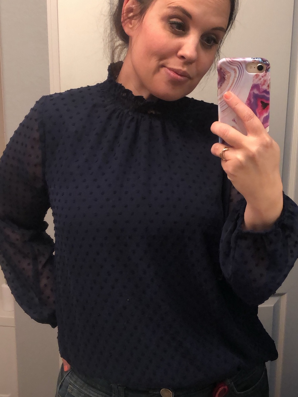 GIBSON Navy Blue French Dot Blouse with Semi Sheer Sleeves - Large